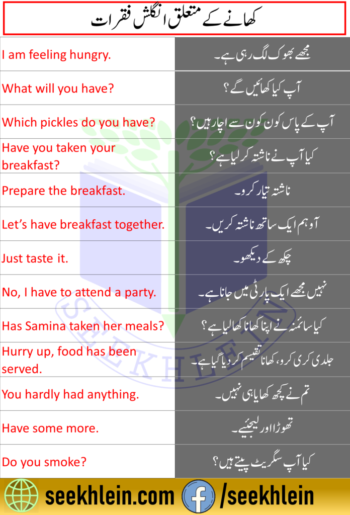 Urdu to English Sentences for food