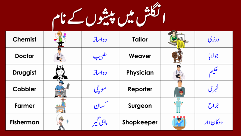 Occupation And Names In English To Urdu Chemist, Doctor
