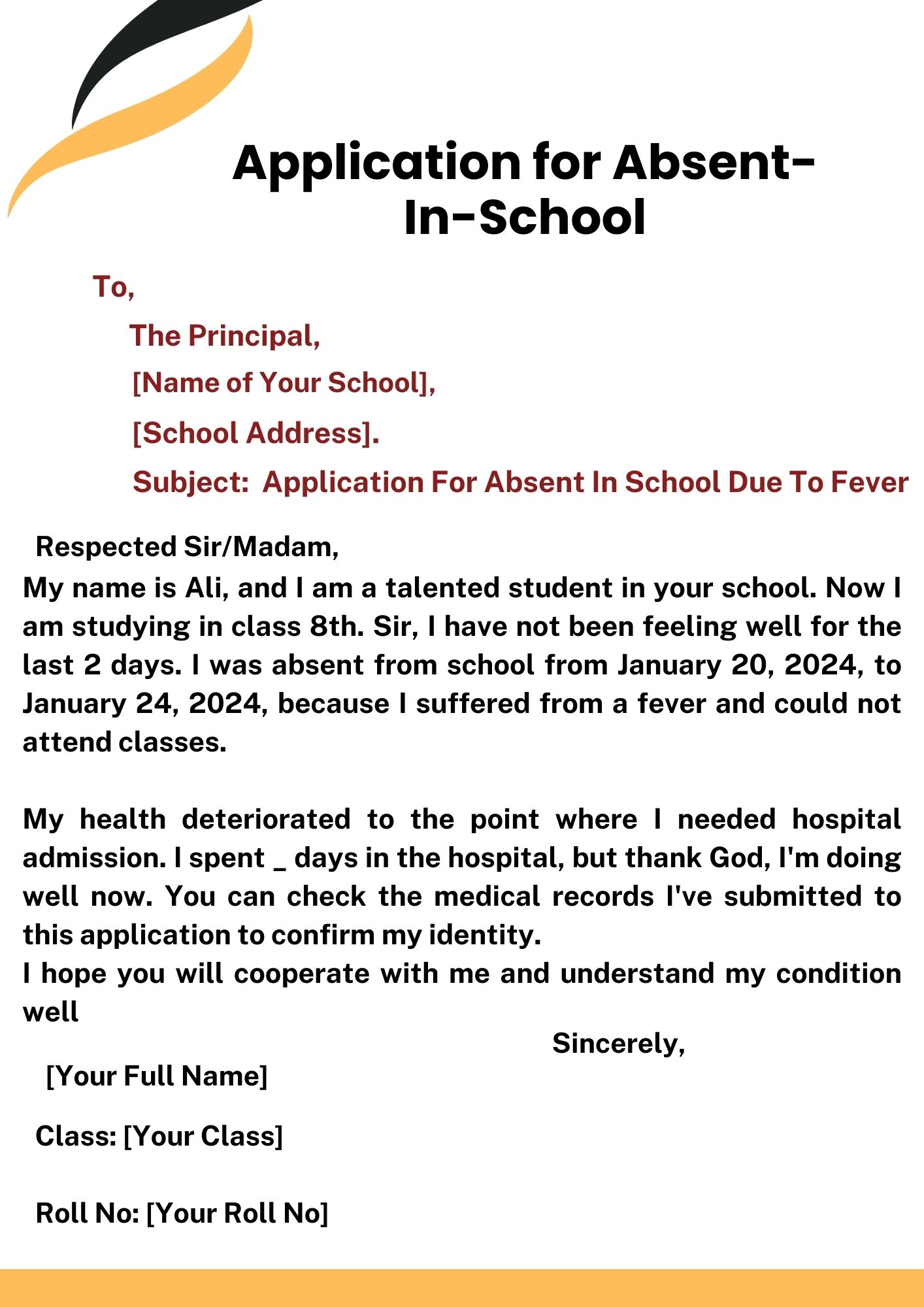 Application For Absent In School Due To Fever