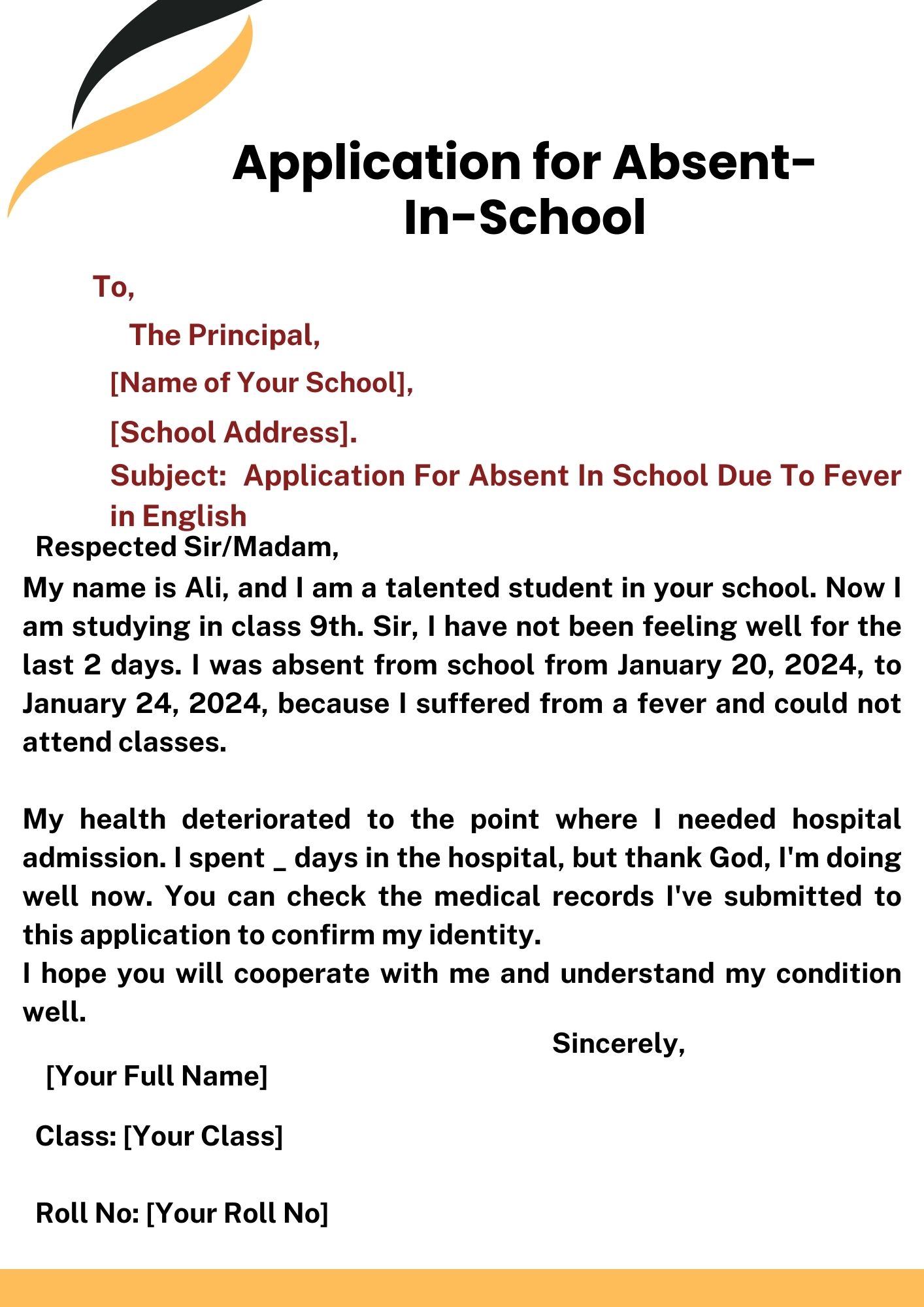 Application For Absent In School Due To Fever In English