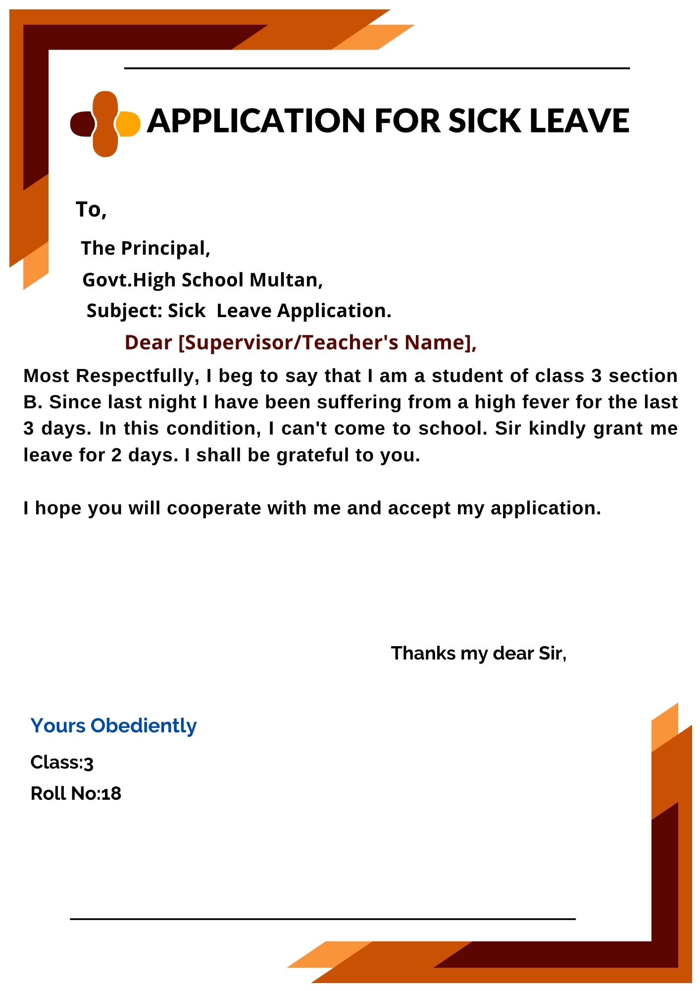 Sick Leave Application Format For Class-3