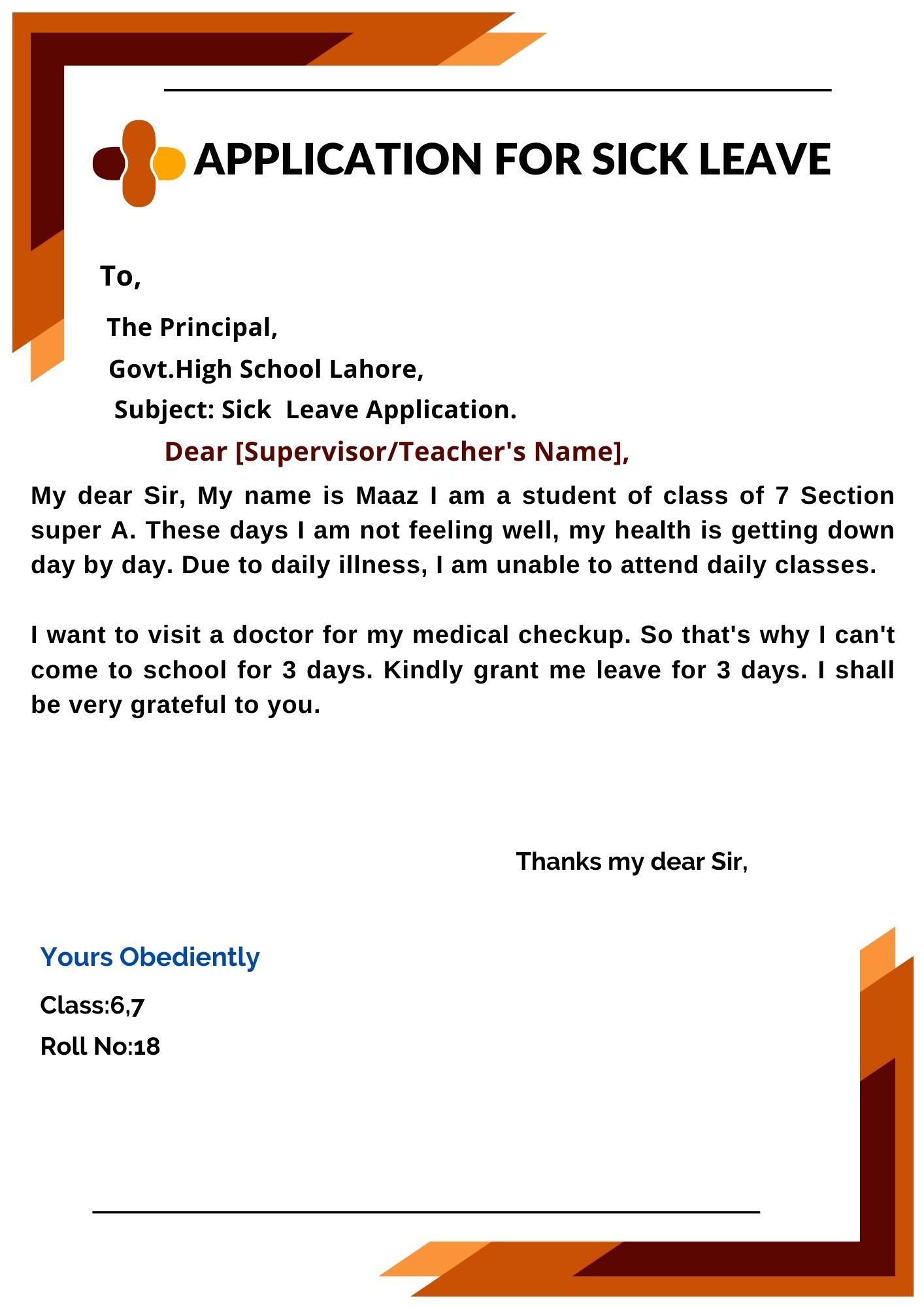 Sick Leave Application Format For Class-6,7