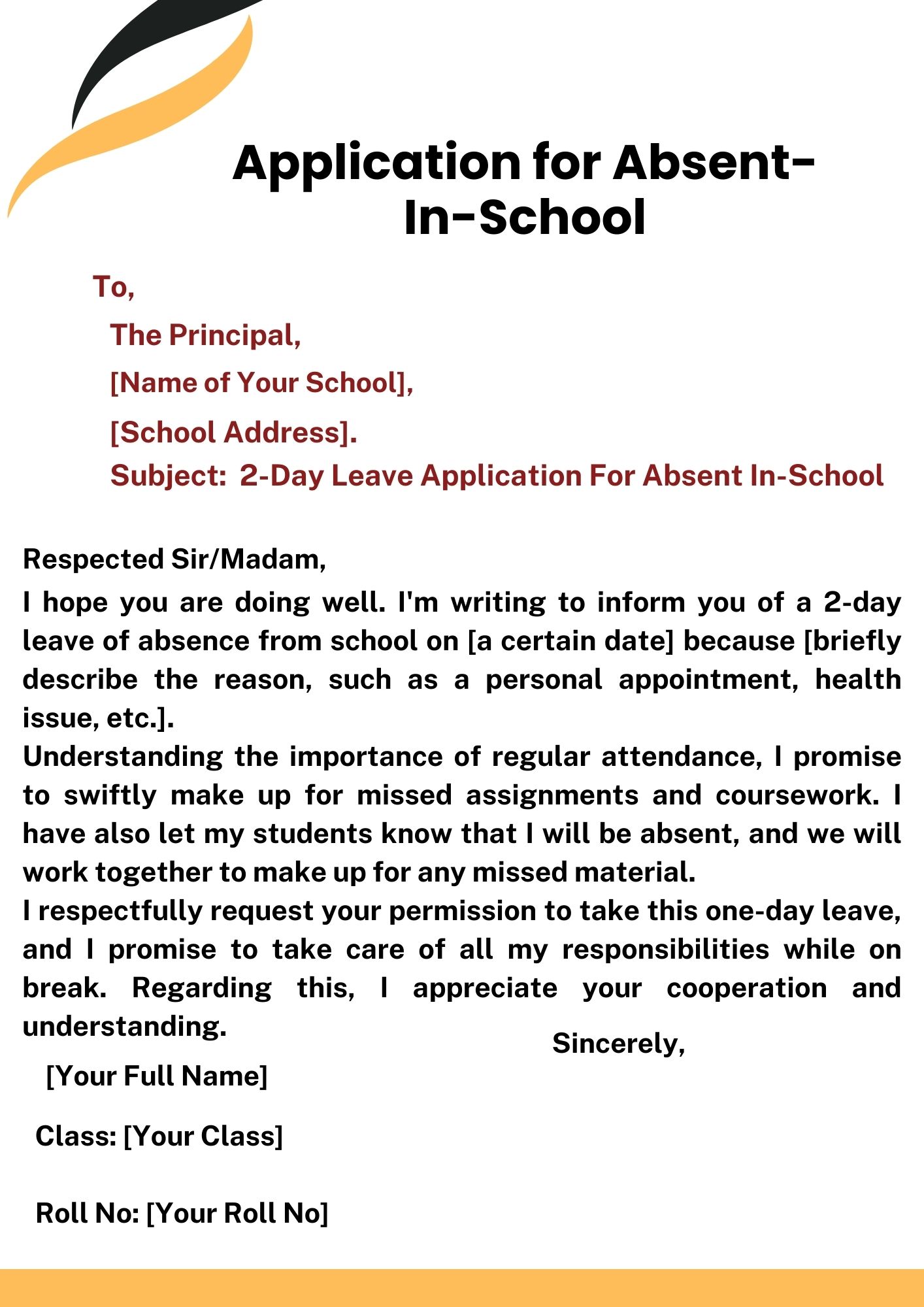 2-Day Leave Application For Absent In-School