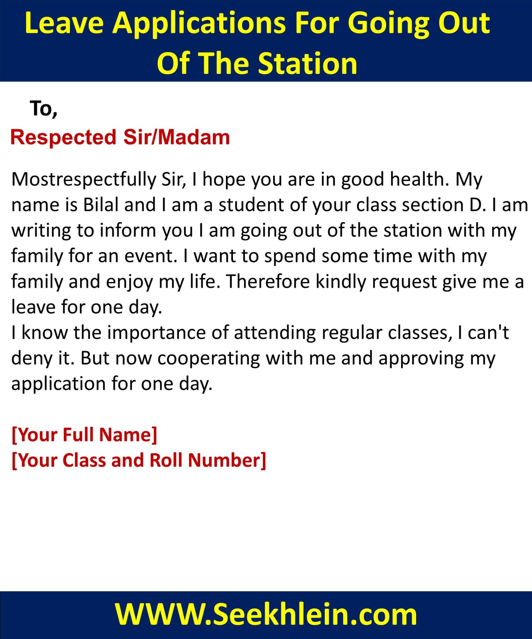 One-Day Leave Application To Principal For Going Out Of Station