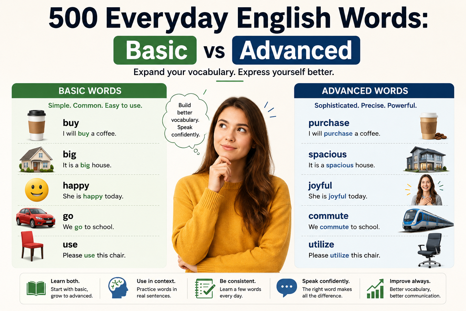 500 Everyday English Words: Basic vs Advanced